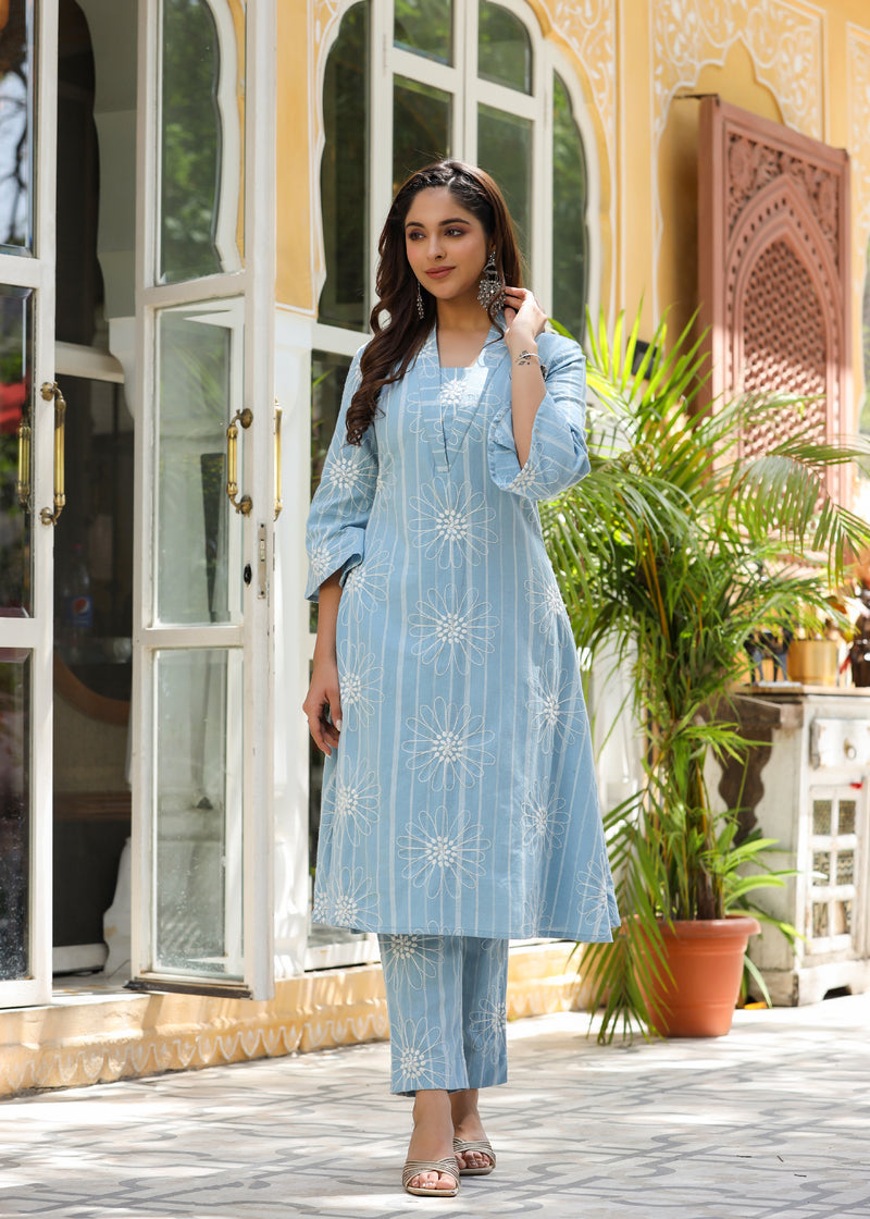 Eesha Powder blue Yarn Dyed Embroidered Co-ord Set
