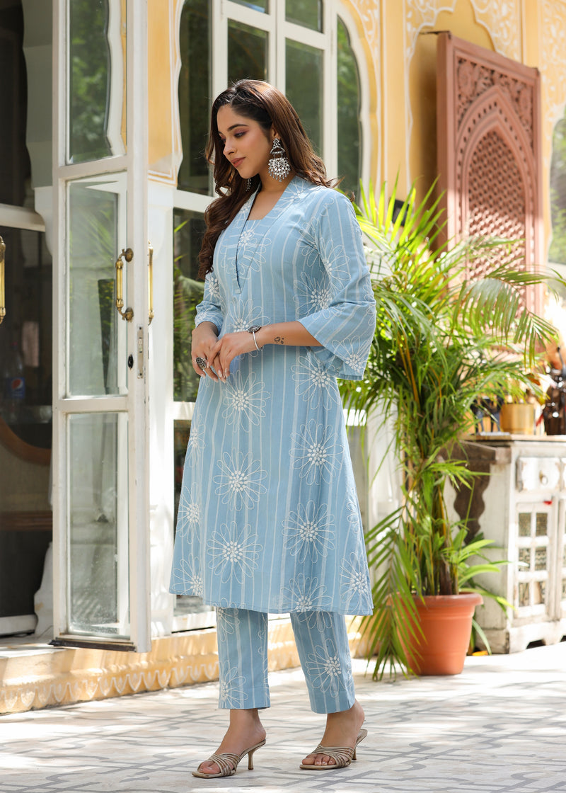 Eesha Powder blue Yarn Dyed Embroidered Co-ord Set