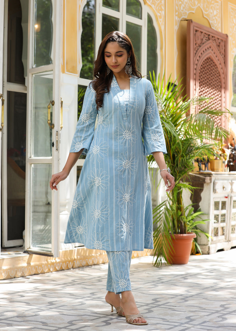 Eesha Powder blue Yarn Dyed Embroidered Co-ord Set