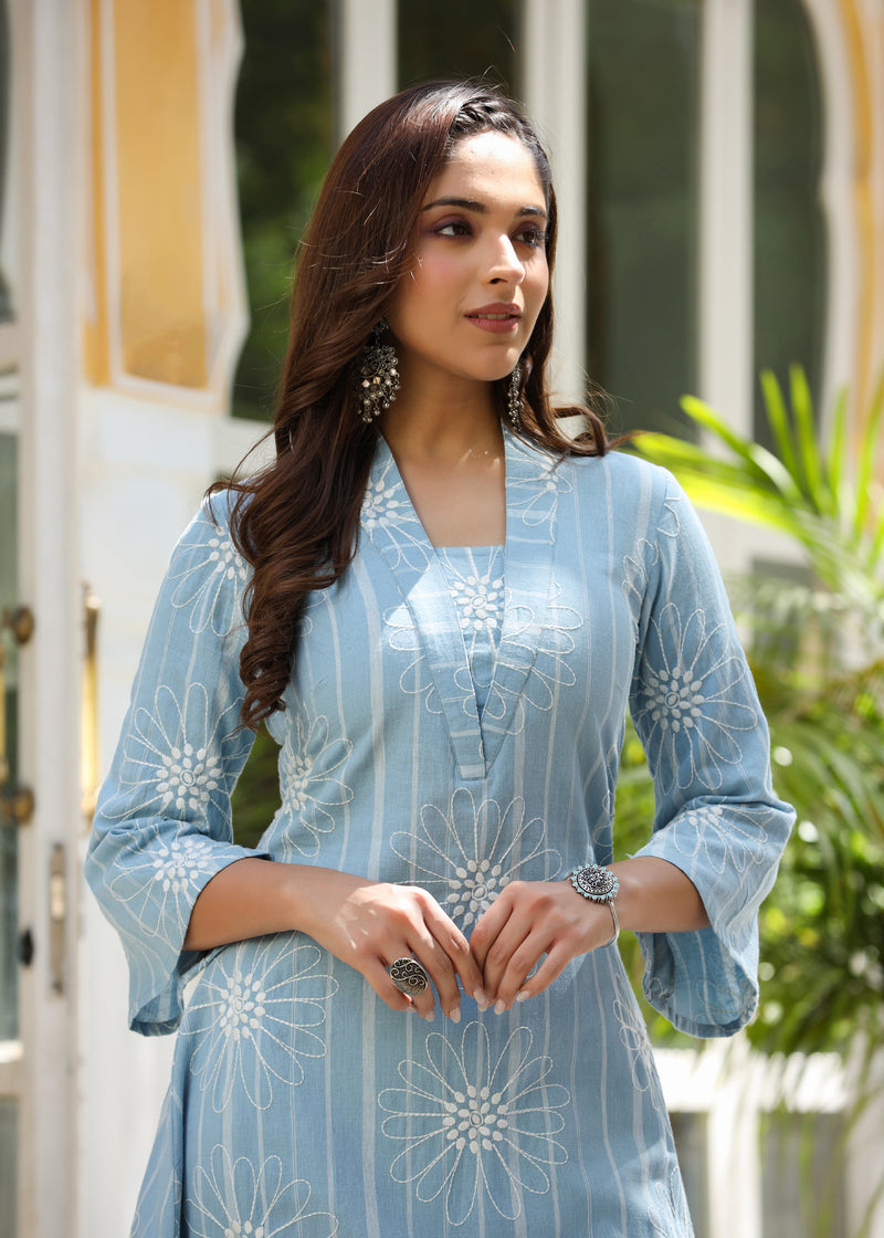 Eesha Powder blue Yarn Dyed Embroidered Co-ord Set