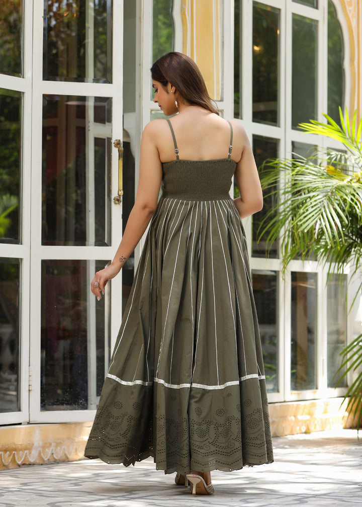 Arisha Embroidered Flared Olive Green Gota Lace Dress EverBloom Arisha Embroidered Flared Olive Green Gota Lace Dress EverBloom