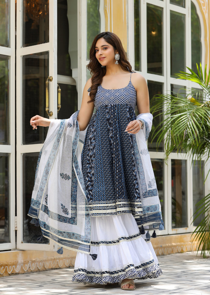 Ajrakh Hand Block Printed Sleeveless Ruffled Dress - Vishnu