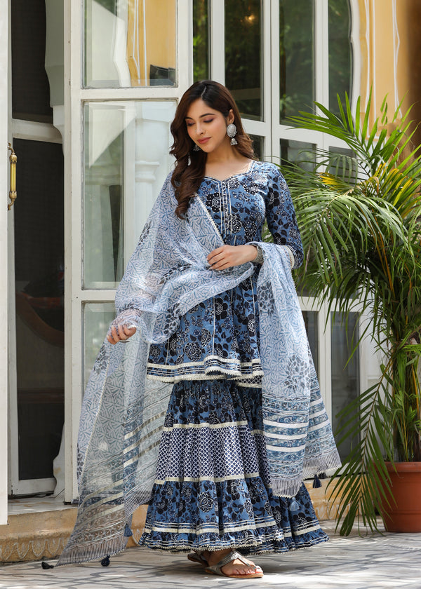 Amreen Printed Blue Flared Kurti With Sharara & Dupatta