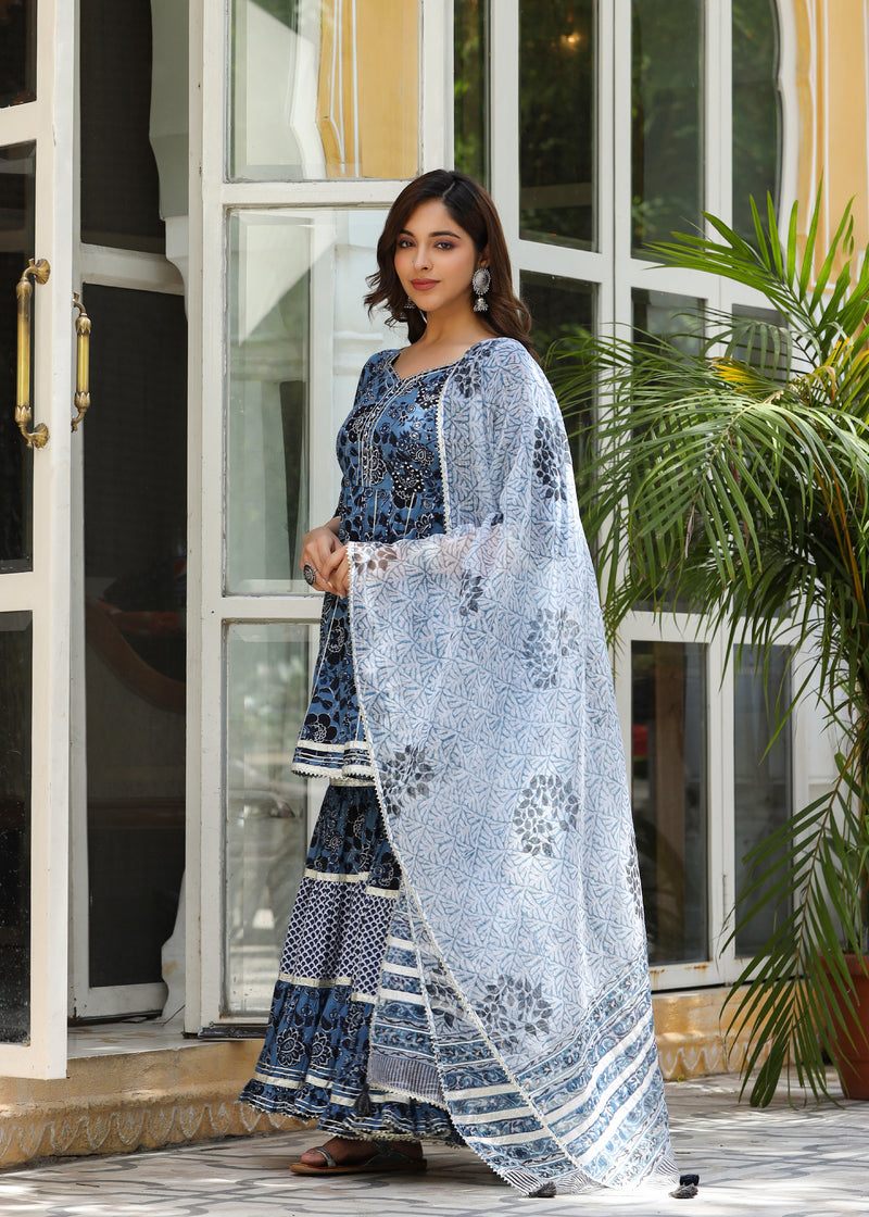 Amreen Printed Blue Flared Kurti With Sharara & Dupatta