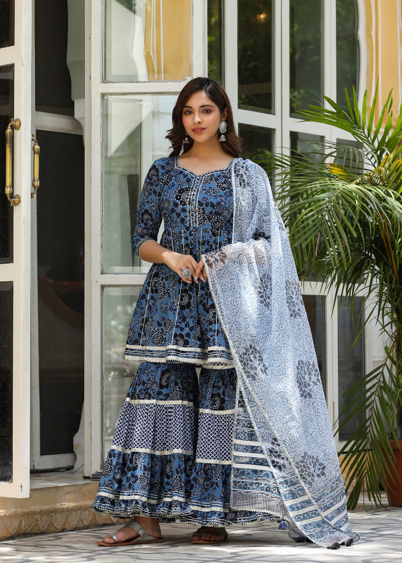 Amreen Printed Blue Flared Kurti With Sharara & Dupatta