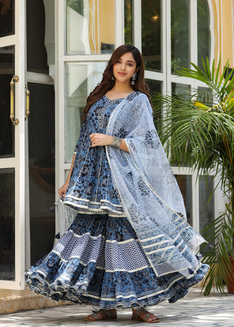 Amreen Printed Blue Flared Kurti With Sharara & Dupatta