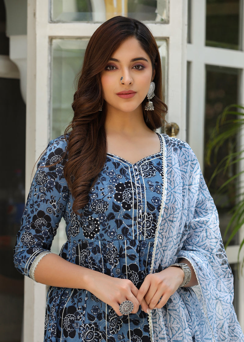 Amreen Printed Blue Flared Kurti With Sharara & Dupatta