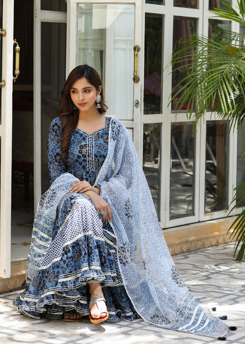 Amreen Printed Blue Flared Kurti With Sharara & Dupatta