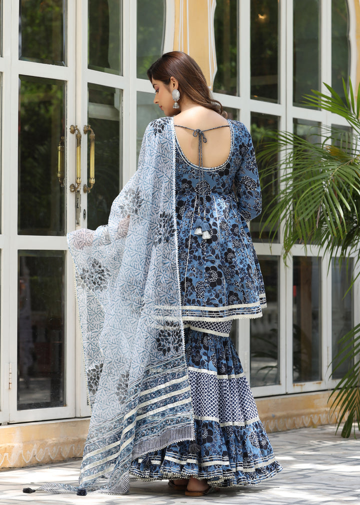 Amreen Printed Blue Flared Kurti With Sharara & Dupatta