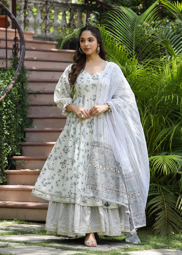 Raahi Printed Layered Dress with Dupatta