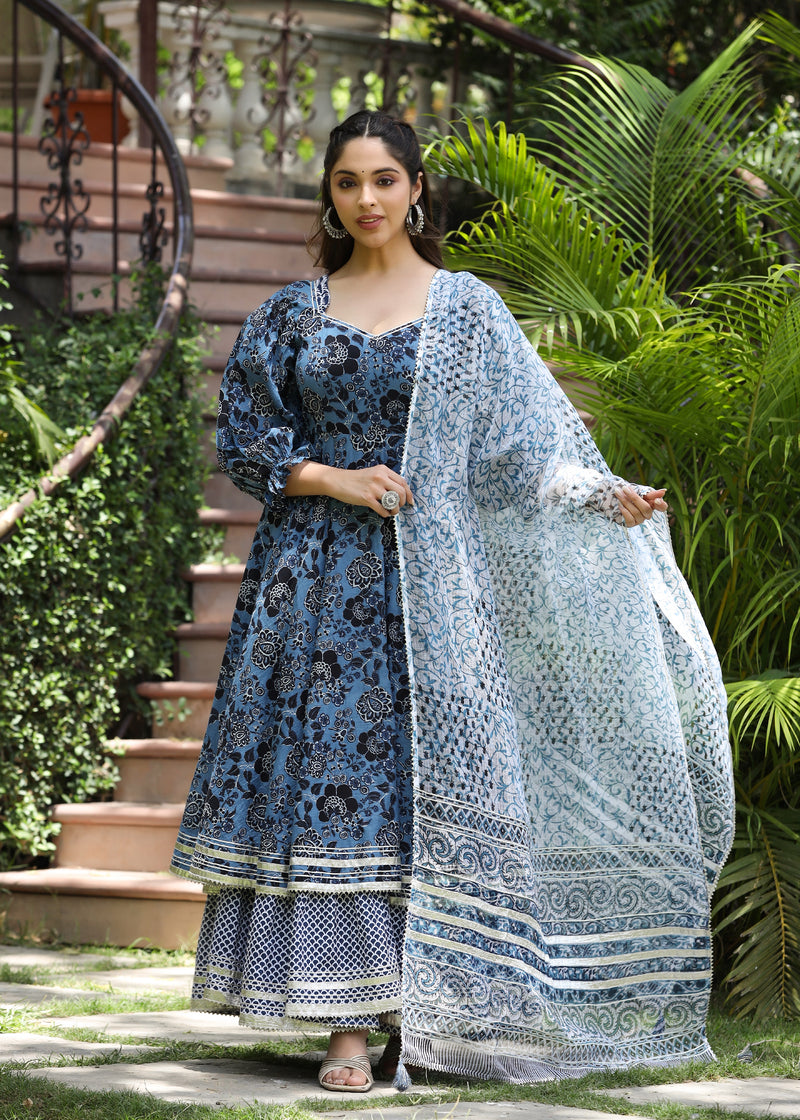 Neerja  Printed Blue Layered Dress with Dupatta
