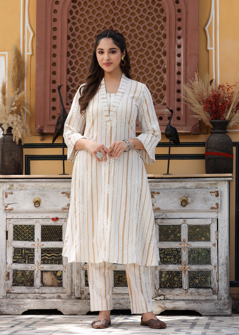 Raina Beige yarn Dyed Embroidered Co-ord Set