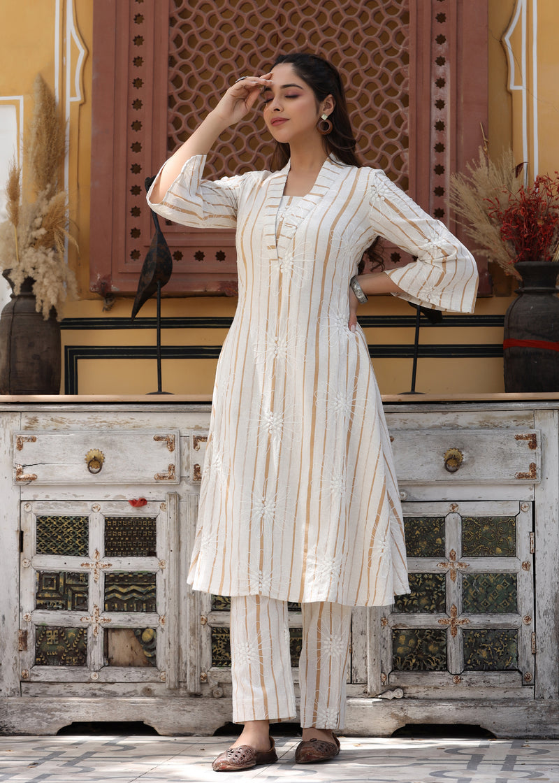 Raina Beige yarn Dyed Embroidered Co-ord Set