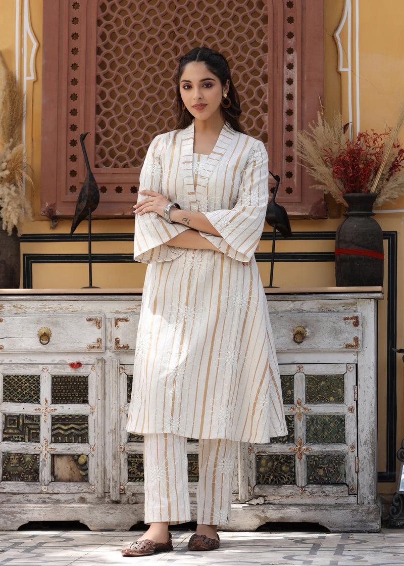 Raina Beige yarn Dyed Embroidered Co-ord Set