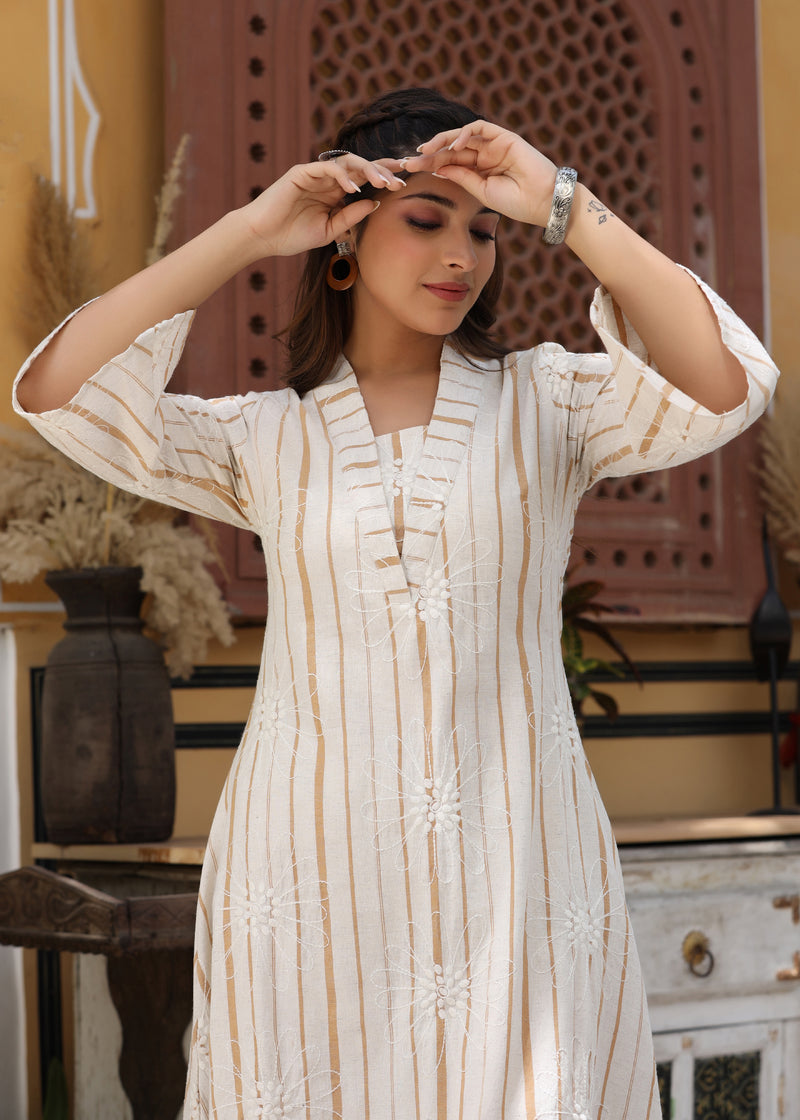 Raina Beige yarn Dyed Embroidered Co-ord Set