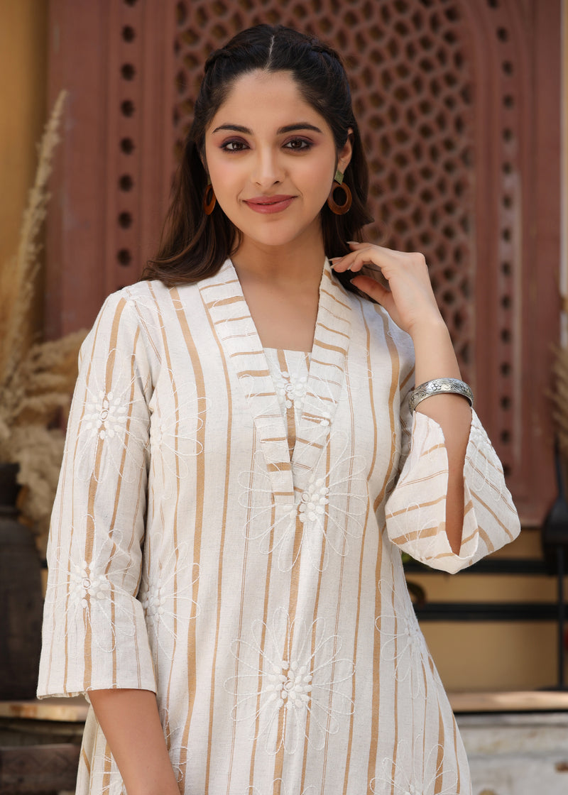 Raina Beige yarn Dyed Embroidered Co-ord Set
