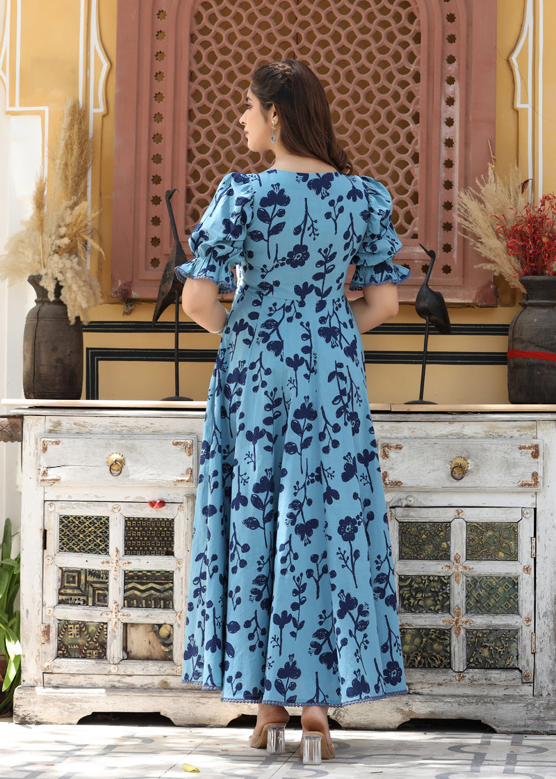 Nilaksh Printed Blue Angrakha Puff Sleeves Dress
