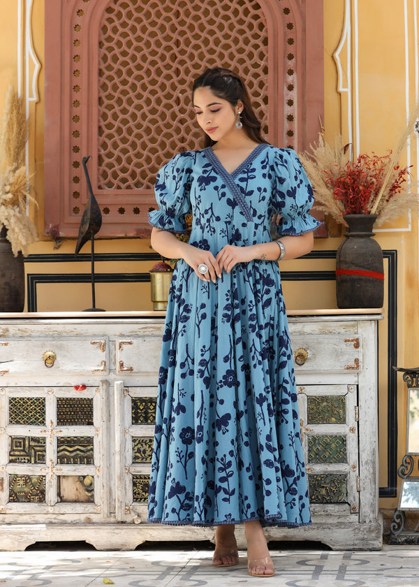 Nilaksh Printed Blue Angrakha Puff Sleeves Dress