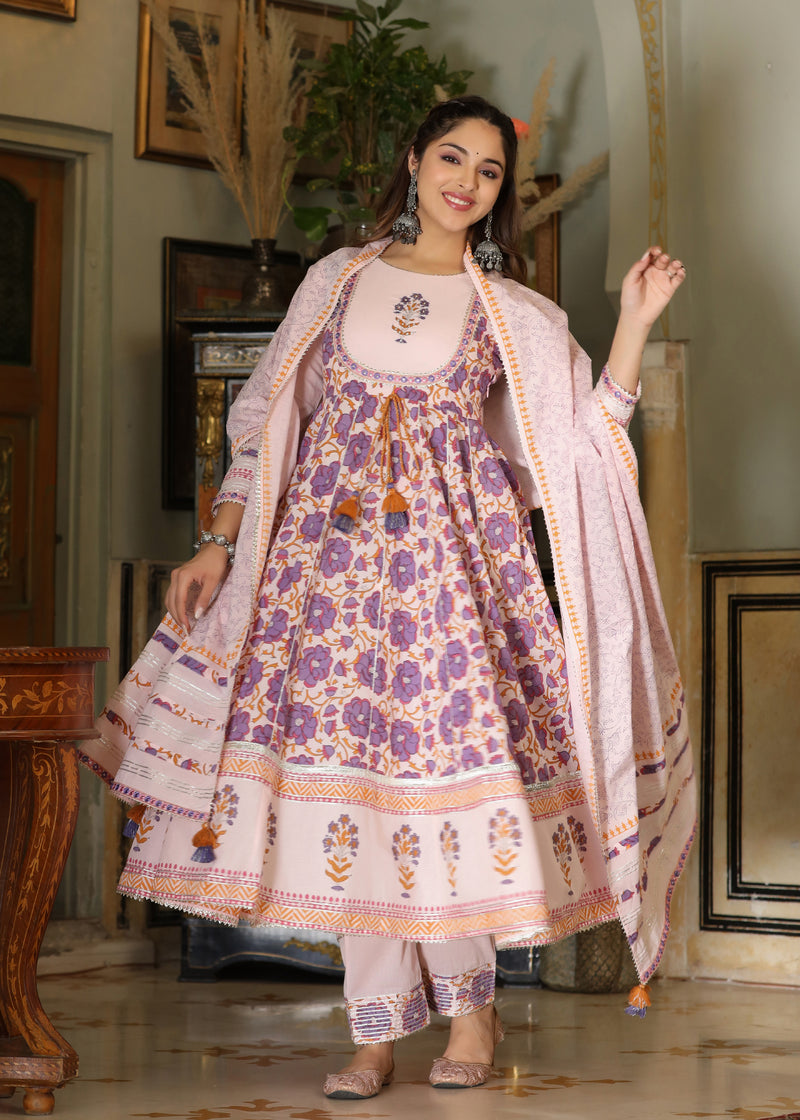 Mehak Block Printed Purple Anarkali Kurta With pant & Dupatta