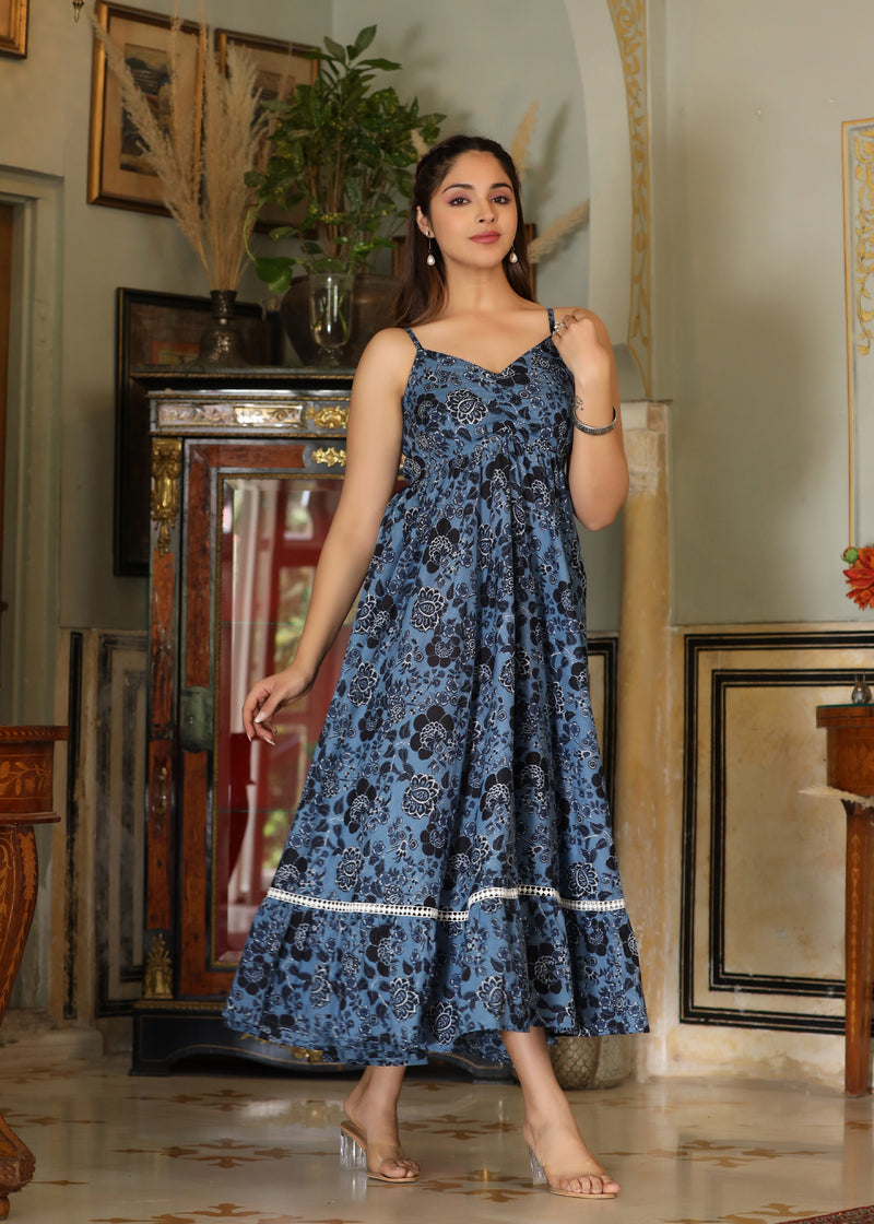 Nivi Printed Blue Sleeveless Flared  Dress
