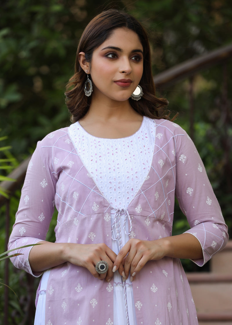 Ziya White Tiered Kurta & Lavender Printer Shrug with Pant