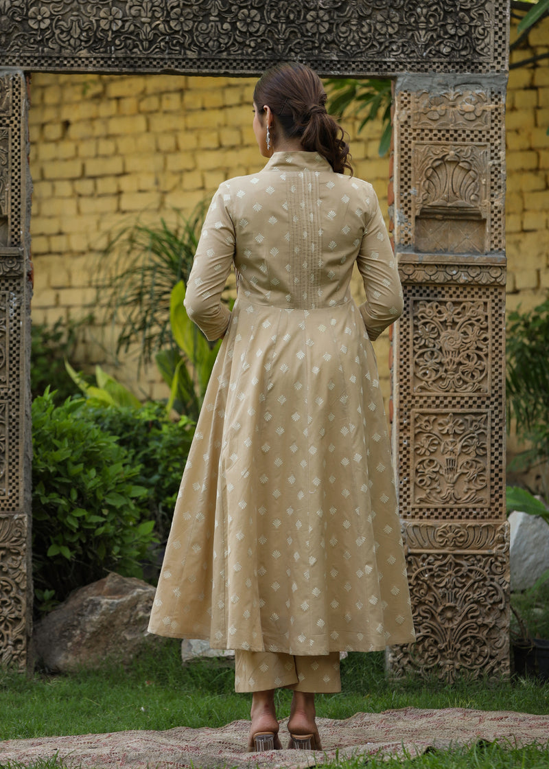 Hayat Kalidar White Kurta & Beige Printed Shrug With Pant