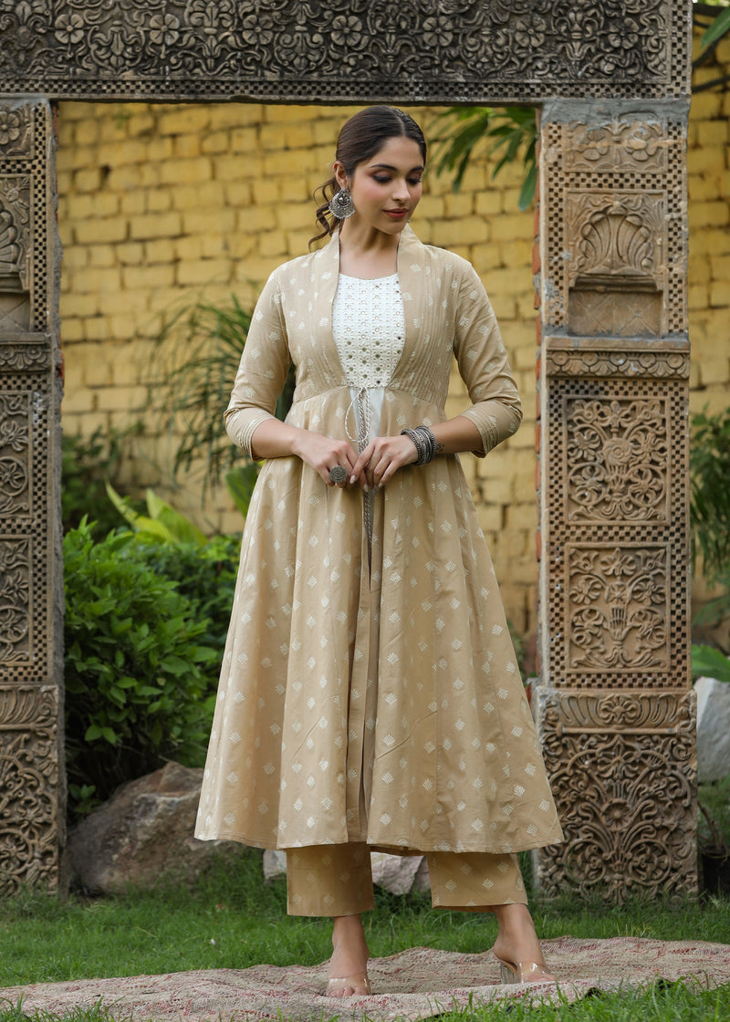 Hayat Kalidar White Kurta & Beige Printed Shrug With Pant