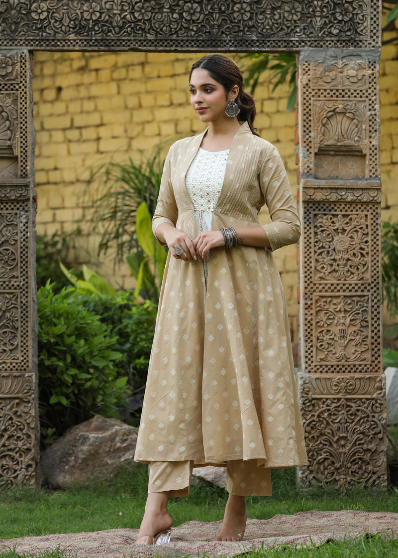 Hayat Kalidar White Kurta & Beige Printed Shrug With Pant