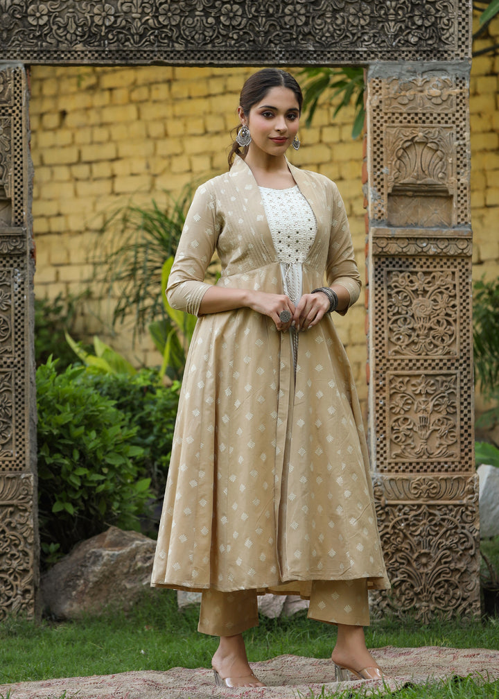 Hayat Kalidar White Kurta & Beige Printed Shrug With Pant