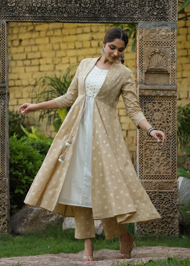 Hayat Kalidar White Kurta & Beige Printed Shrug With Pant
