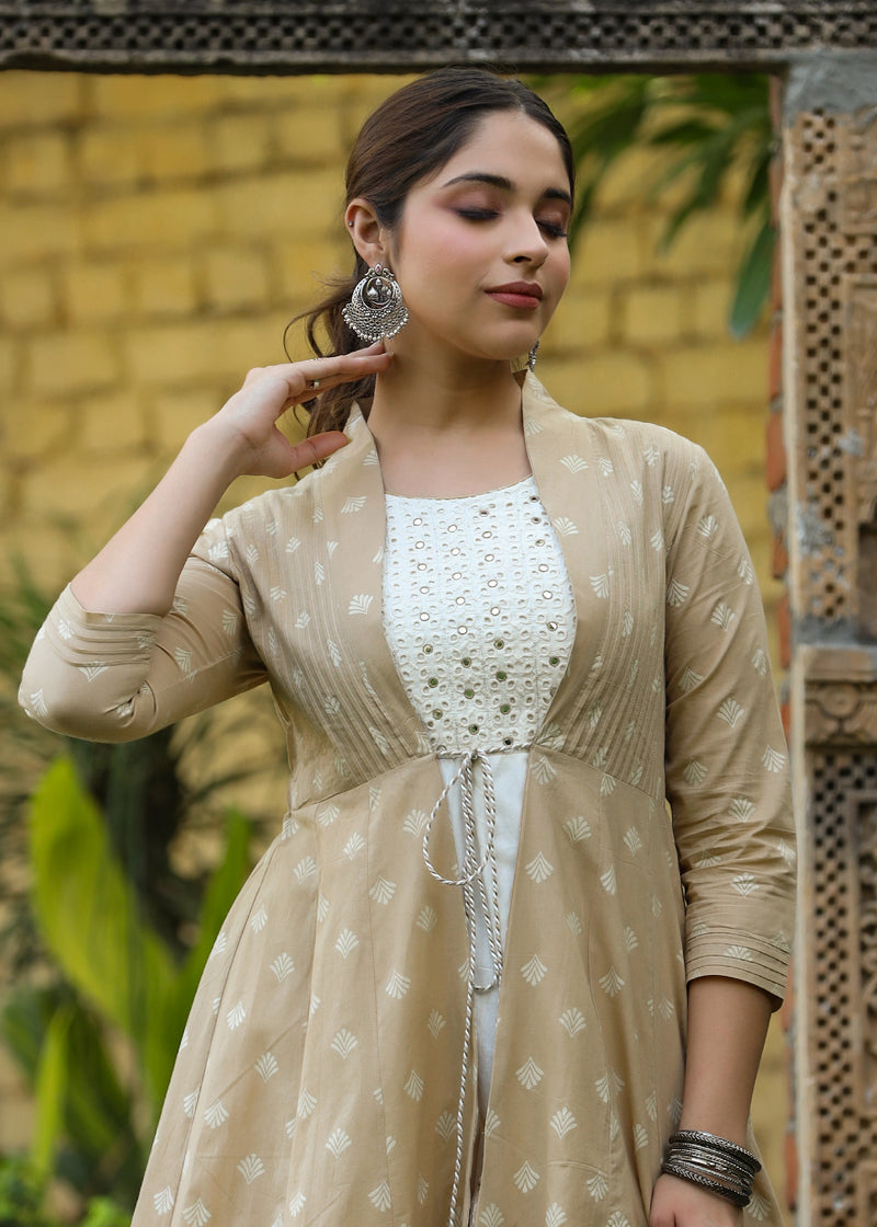 Hayat Kalidar White Kurta & Beige Printed Shrug With Pant