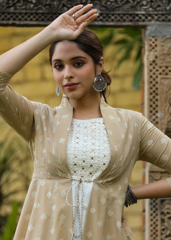 Hayat Kalidar White Kurta & Beige Printed Shrug With Pant