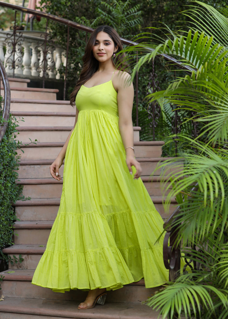 Aneri Bright Lime Tiered Sleeveless Dress