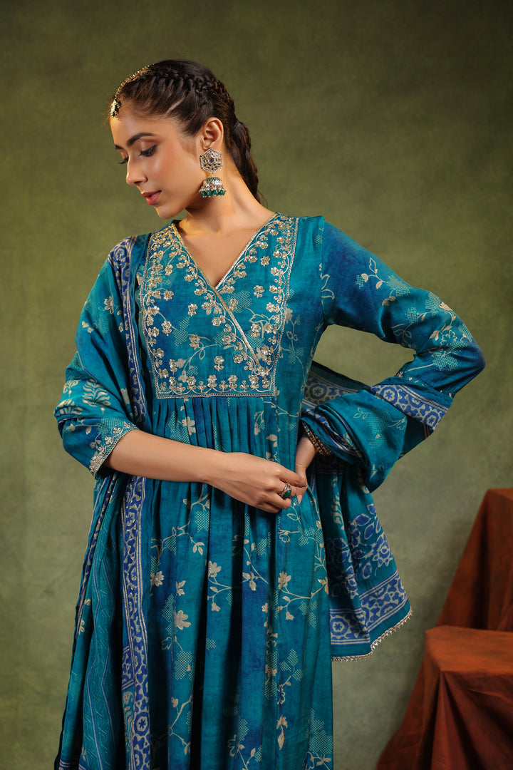 Yamini Teal Modal Chanderi 3 Piece Suit Set