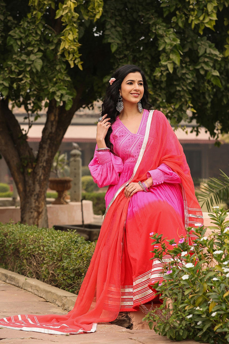 Karvi Red Pink Ombre Long Flared Gota Lace Kurta With Pant & Dupatta