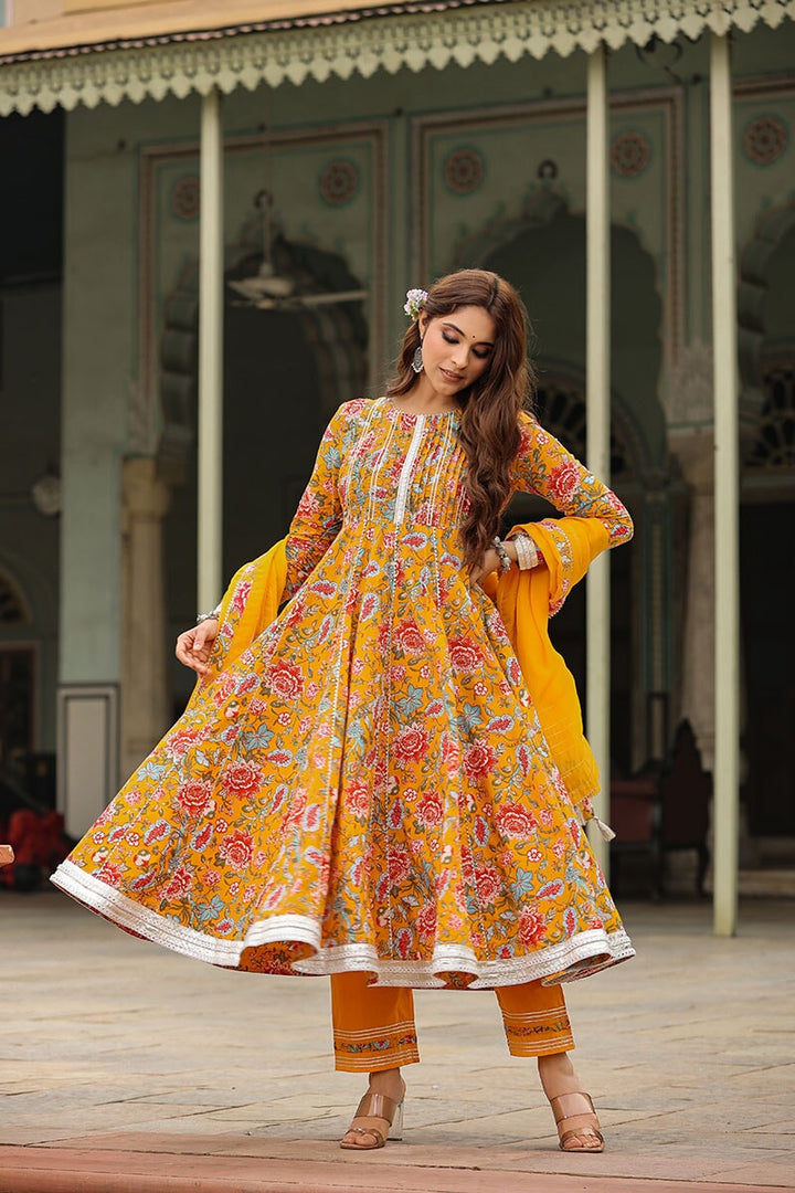 Inaya Yellow Floral Printed Anarkali Suit Set With Pant And Dupatta
