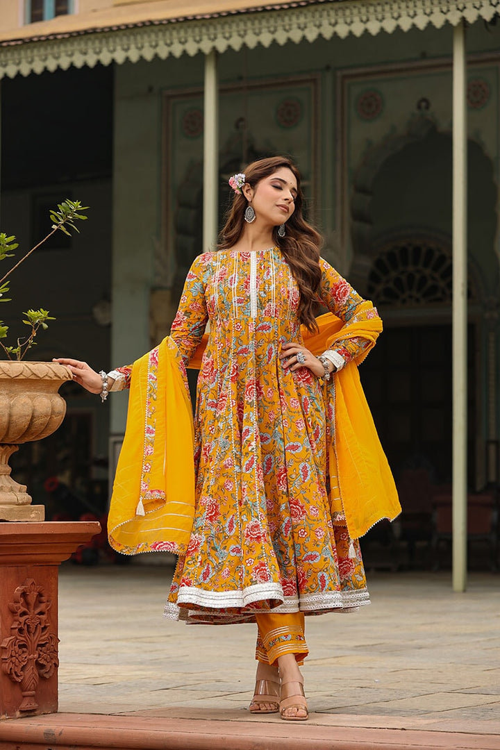 Inaya Yellow Floral Printed Anarkali Suit Set With Pant And Dupatta