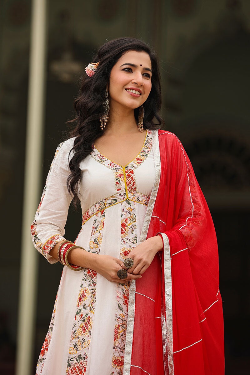 Eira White Alia Cut Paneled Long Flared Kurta With Pant And Dupatta