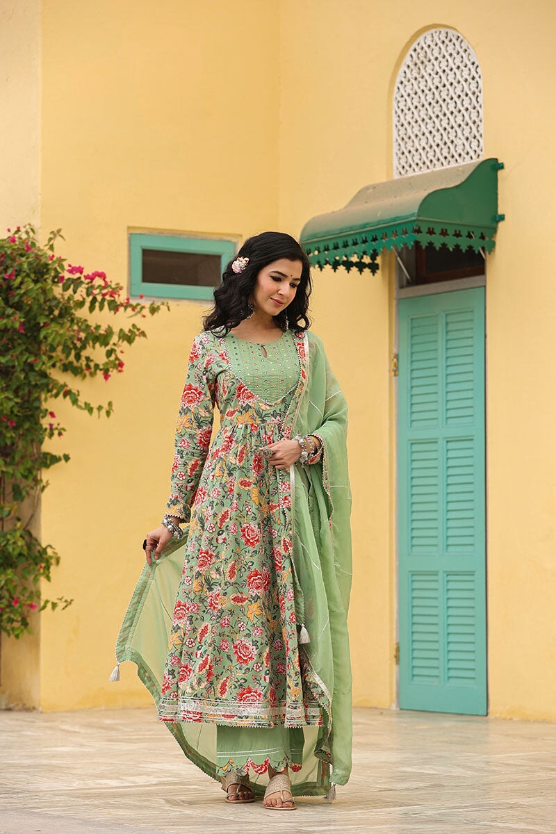 Iris Mint  Anarkali Floral Printed Gathered Suit Set With Palazzo And Dupatta