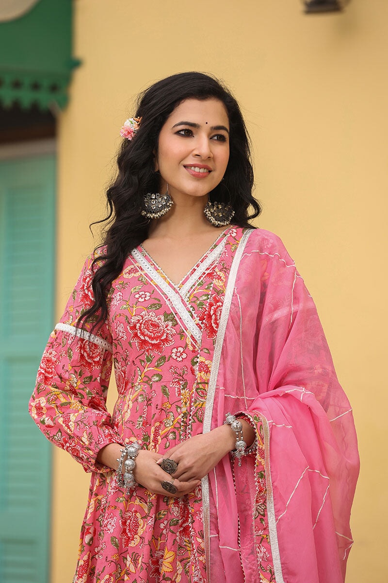 Mehar Anarkali Floral Printed Gathered Suit Set With Palazzo And Dupatta