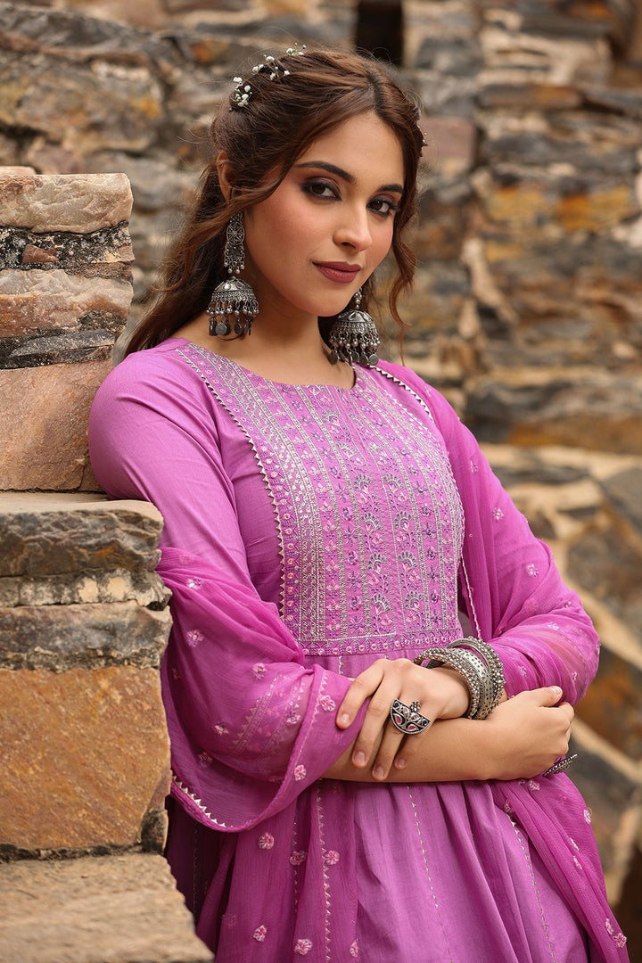 Shehzadi Purple Anarkali Gota Lace Kurta With Pant And Dupatta