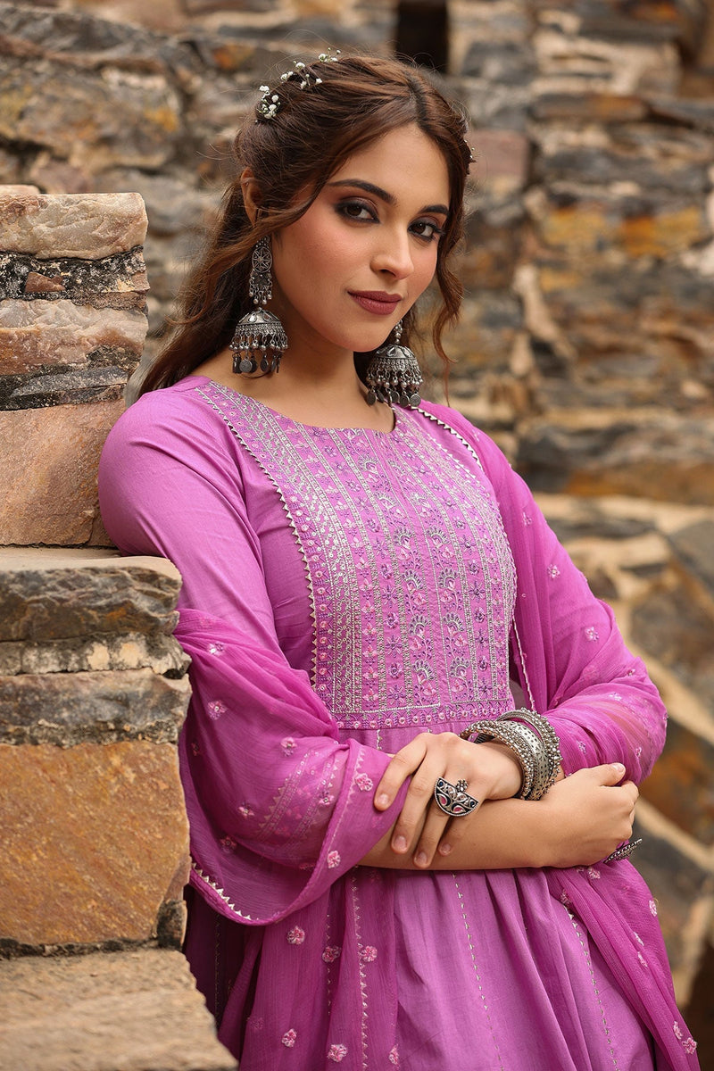 Shehzadi Purple Anarkali Gota Lace Kurta With Pant And Dupatta