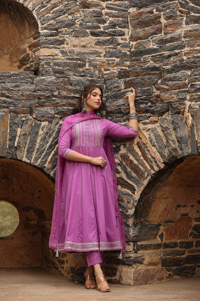 Shehzadi Purple Anarkali Gota Lace Kurta With Pant And Dupatta