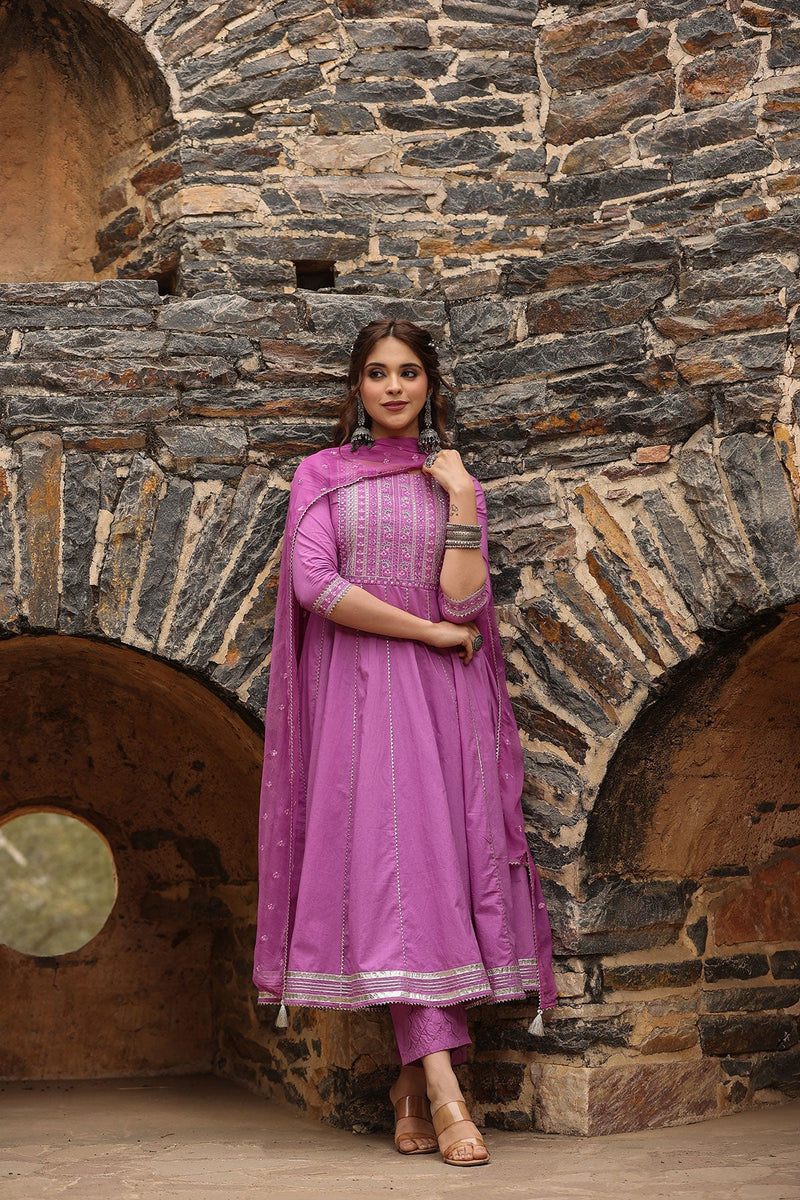 Shehzadi Purple Anarkali Gota Lace Kurta With Pant And Dupatta