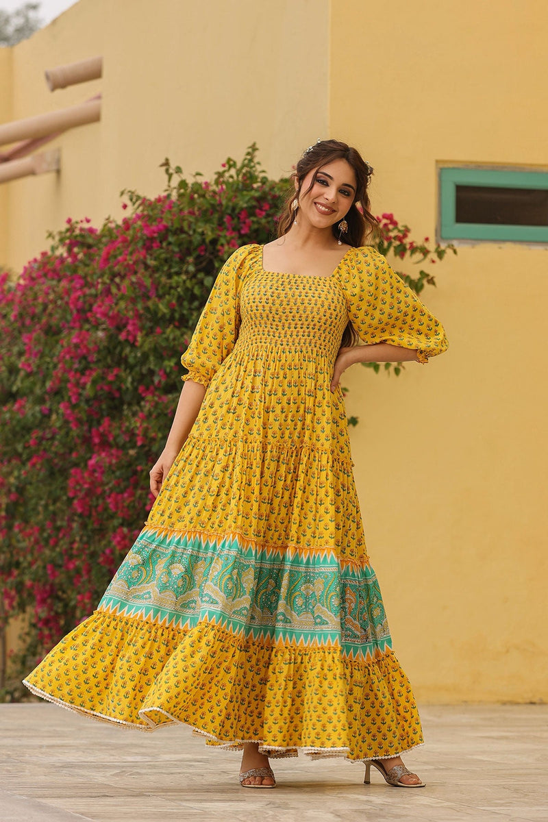 Haseena Block Printed  Tiered Long Dress