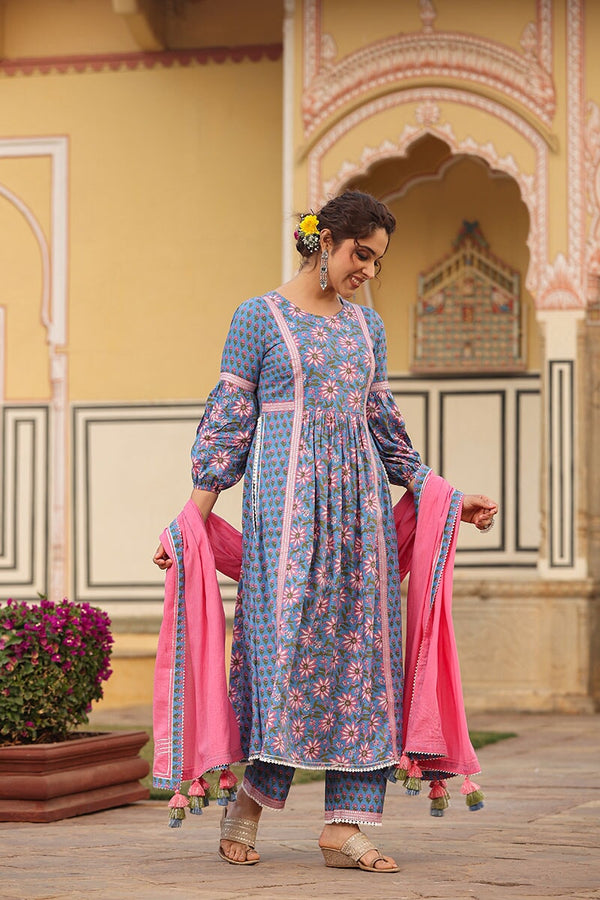 Malika Blue Floral High Slit Suit With Pant And Dupatta