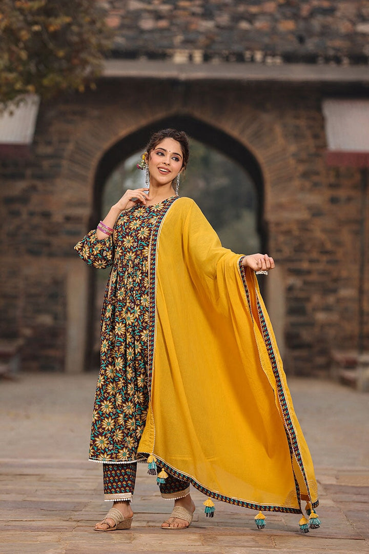 Veeda Brown  Floral High Slit Suit With Pant And Dupatta