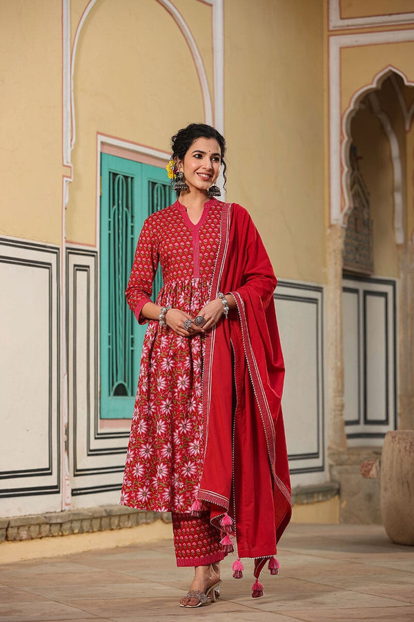 Madhubala Red Gathered Suit With Pant And Dupatta