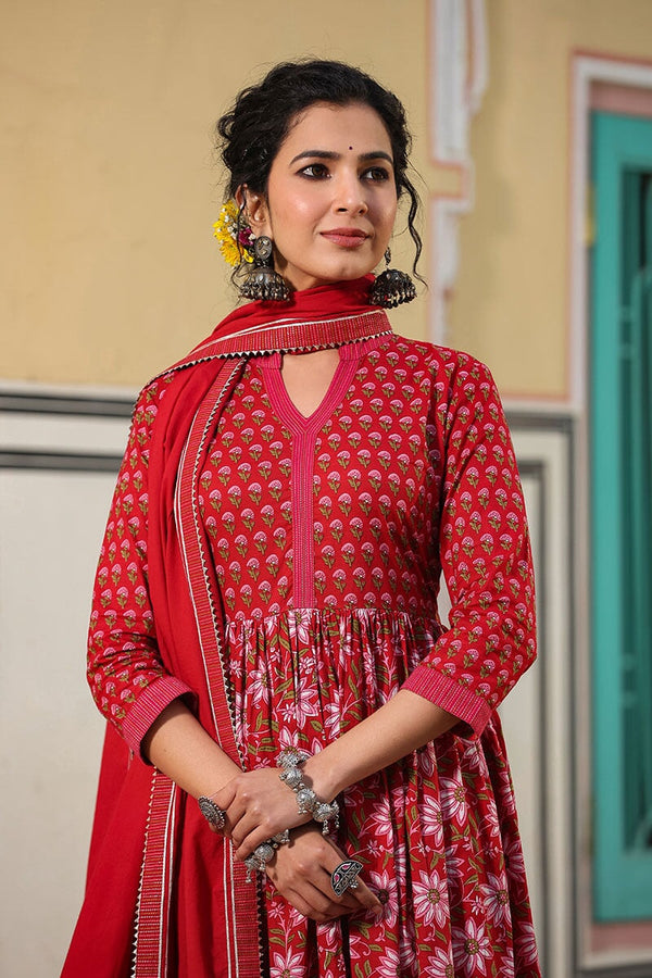 Madhubala Red Gathered Suit With Pant And Dupatta