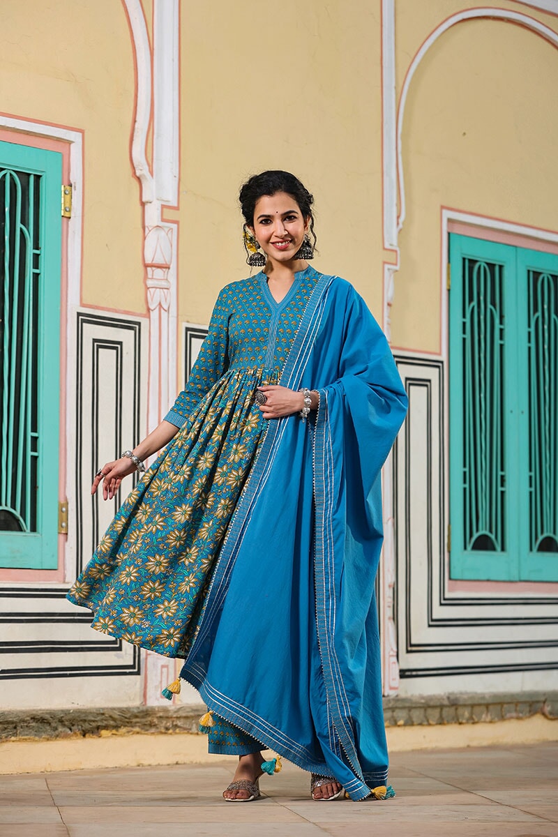 Waani Blue Gathered Suit With Pant And Dupatta